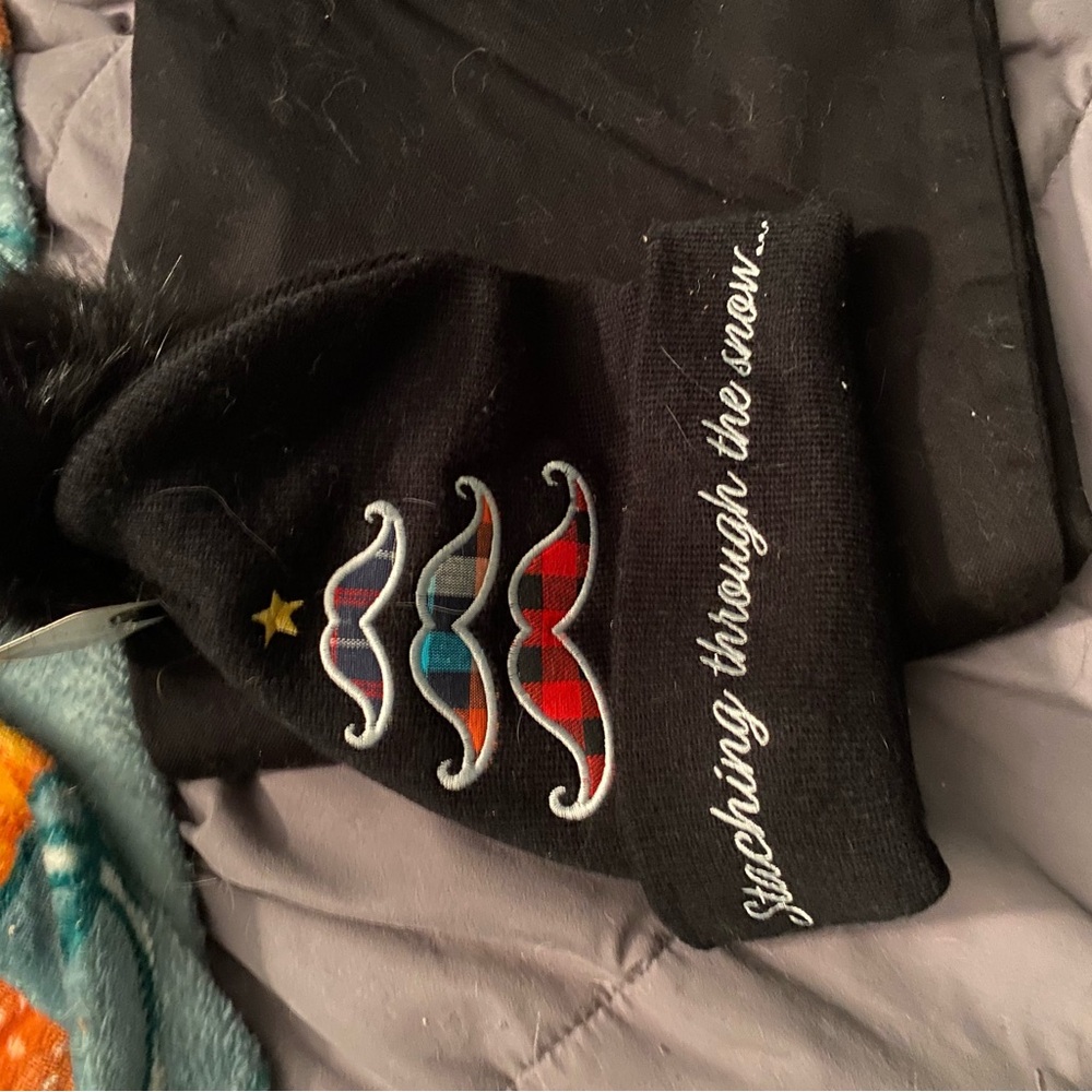 Black Pom Beanie Hat with Colorful Mustache Patches